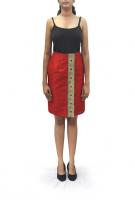 AW14B006 - A straight knee-length skirt in red silk with a green offset border detail.