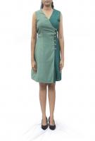 AW14D003 - A dual-textured teal wrap dress with gold buttons down the side.