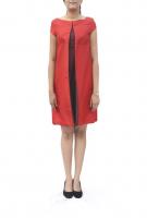 AW14D004 - A bold, front-pleated red silk dress with contrasting box pleat detailing.