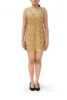 AW14D008 - A delicately embroidered gold lace paneled dress.