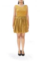 AW14D009 - A fitted brocade bodice complements the fluid gold shimmer skirt in this eye-catching dress.