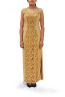 AW14G001 - A dramatic gold lace and lycra gown with embellished centre panels and a side slit.