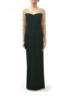 AW14G002 - An elegant gown in deep green velvet with a delicately embroidered net overlay.