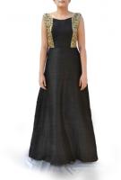 AW14G004 - Textured gold embroidery on the bodice adds a touch of drama to a classic black silk gown.