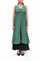 AW14K001 - A deep-necked teal and gold brocade long kurta delicately embellished with thread embroidery coupled with deep green palazzo pants.