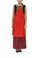 AW14K006 - An easy to wear red silk kurta with bold black velvet panels teamed with relaxed palazzo pants.