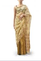 AW14S001 - Golden silk artfully sets off the floral embroidery work on the lace pallu of this arrestlingly subtle saree.