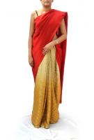 AW14S004 - A saree with ombre flower brocade pleating with a subtle gold border and a bold red silk pallu.