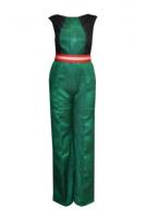 AW13P001 - A paneled jumpsuit in forest green Khun and black, with a contrasting maroon Khun belt.