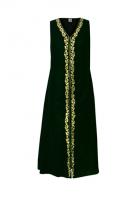 AW16J1- A classy long jacket in emerald green velvet with delicate gold floral threadwork embroidery. Pair it with a full skirt or flared pants for a striking silhouette.