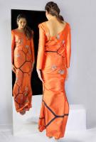 AW17G2- An orange gown that makes quite a statement. It features a printed binary tree motif coupled with thread-embroidered Ginkgo leaves and little mirrors which catch the light